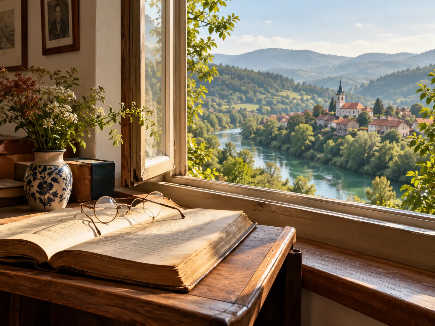 Pogled skozi okno na reko in kraj, na mizi odprta knjiga in očala
